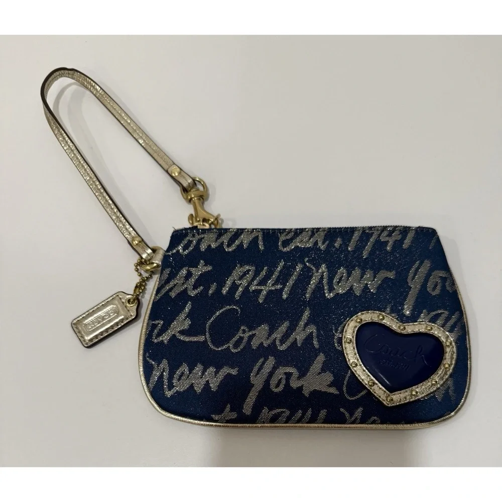 Coach Script New York Gold Trim Navy Blue Heart Purse Bag Wristlet